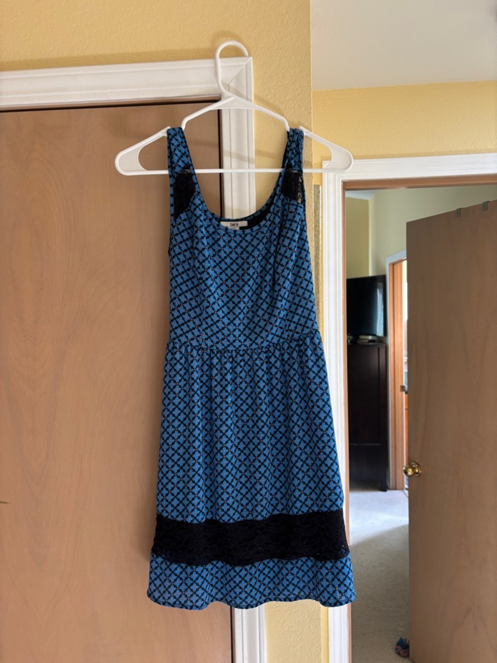 Bar III Blue Patterned Sleeveless Dress with Black Trim